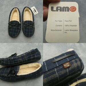 LAMO‎ Moccasin Slippers Womens 9 Blue Plaid Cozy Faux Fur Mules Comfort NEW